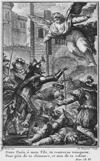 Siege of Paris, apparition of St. Louis to Henri IV (engraved by Joseph de Longueil, illustration from 